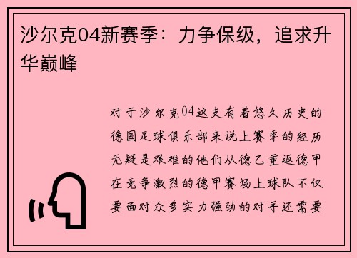 沙尔克04新赛季：力争保级，追求升华巅峰