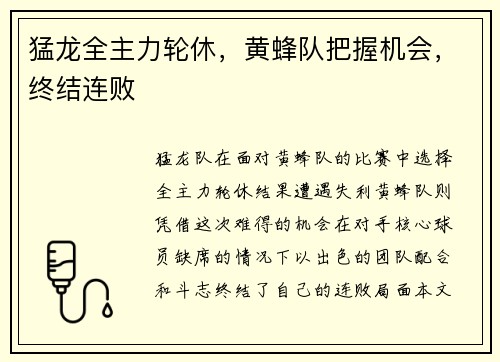猛龙全主力轮休，黄蜂队把握机会，终结连败