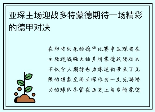 亚琛主场迎战多特蒙德期待一场精彩的德甲对决